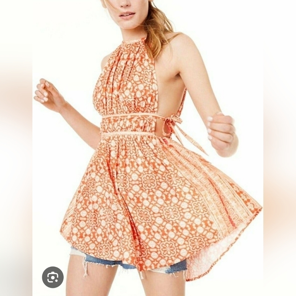 Free People Orange White Halter Tunic Shirt Or Mini Dress